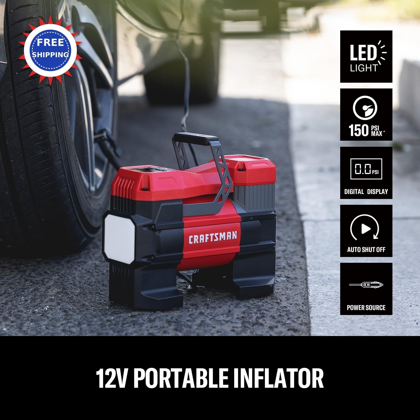 Tire Inflator Portable 12V Digital Air Compressor Pump 150PSI Auto Shut Off Led