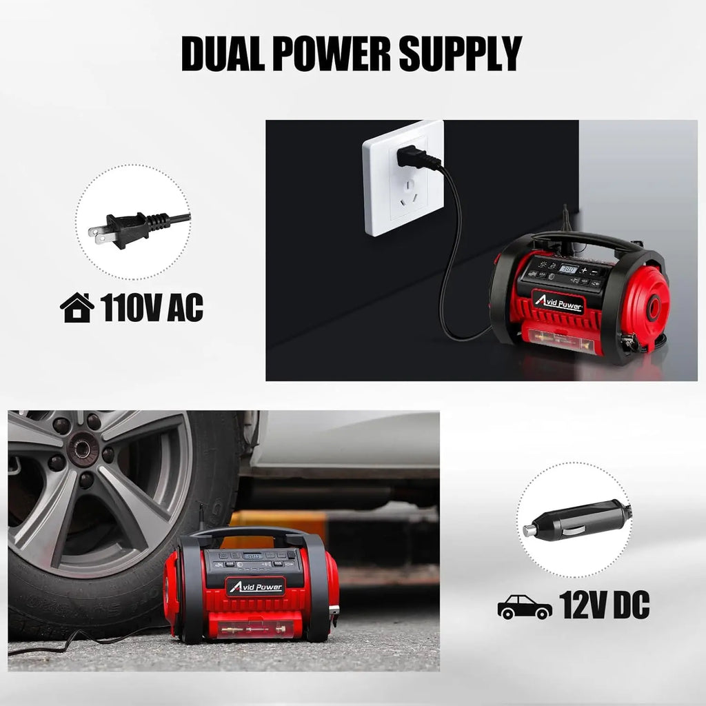 AVID POWER Tire Inflator Portable Air Compressor, 12V DC 110V AC Car Tire Pump,