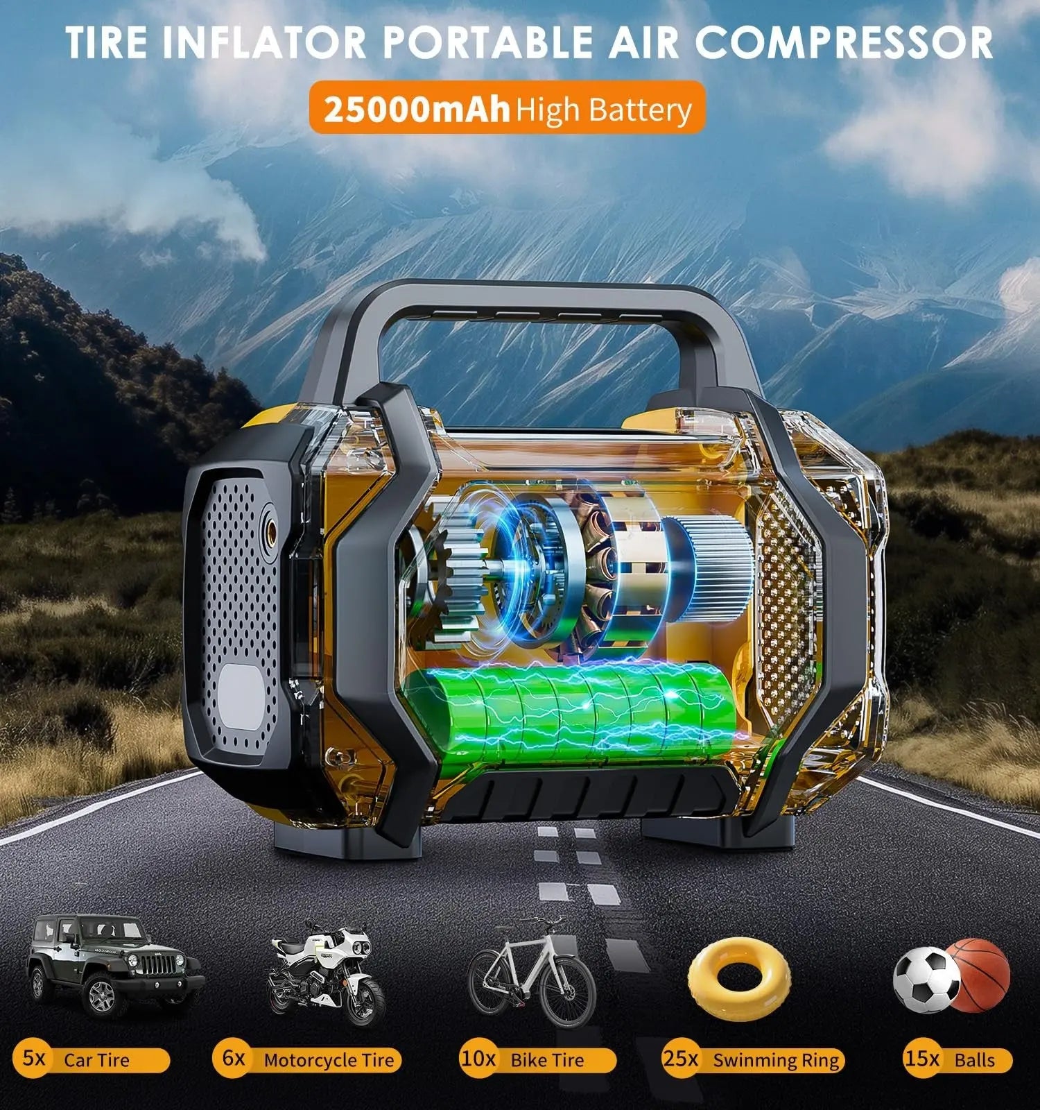 Tire Inflator Portable Air Compressor, 6X Fast 150PSI Air Pump for Car Tires, - portable-air-compressor