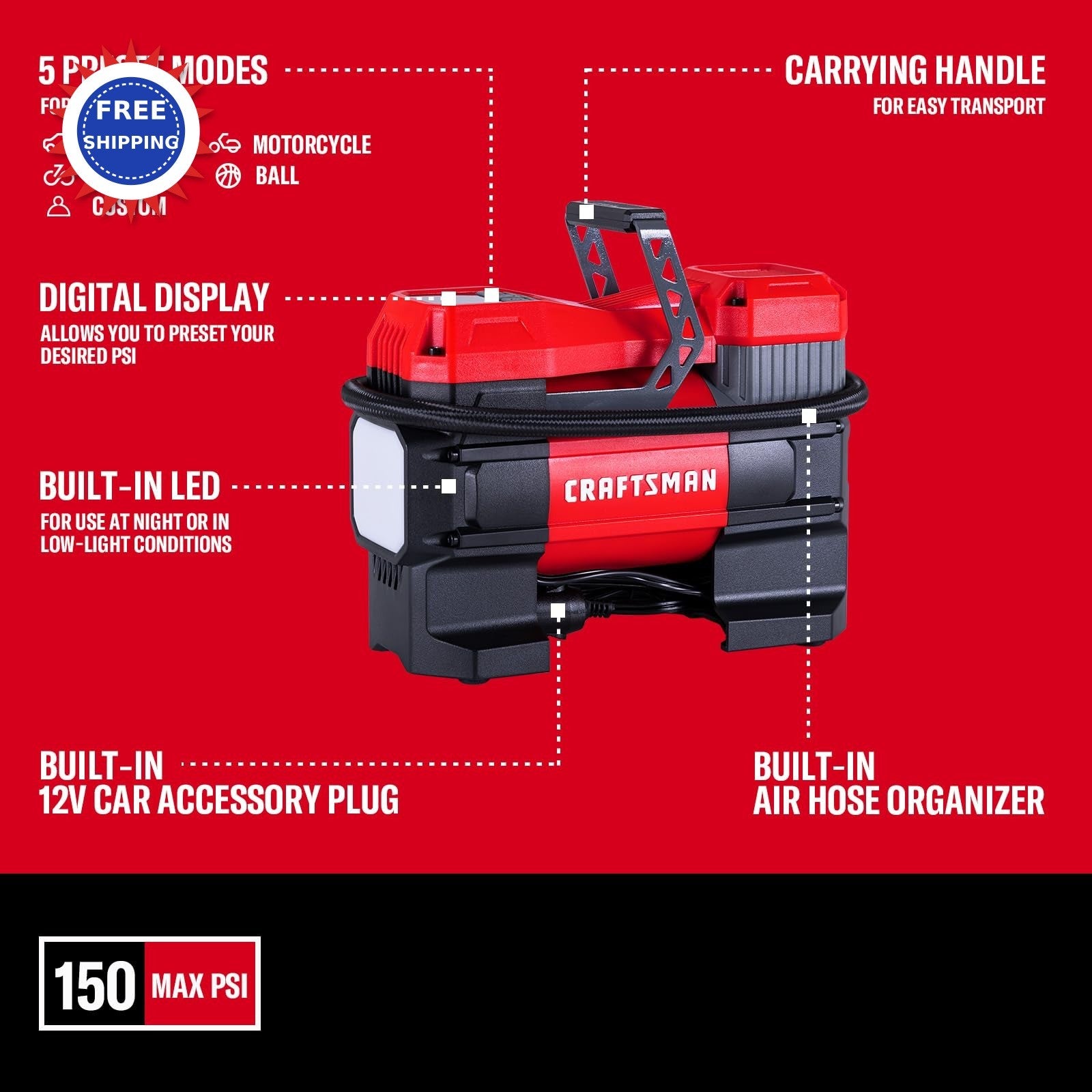 Tire Inflator Portable 12V Digital Air Compressor Pump 150PSI Auto Shut Off Led