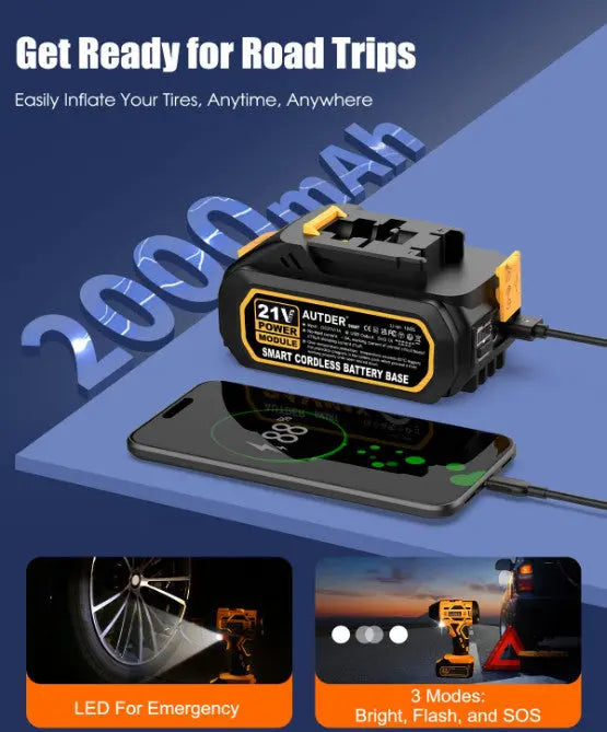 Portable Air Compressor, 21V Rechargeable Battery Powered 180PSI Handheld Pump