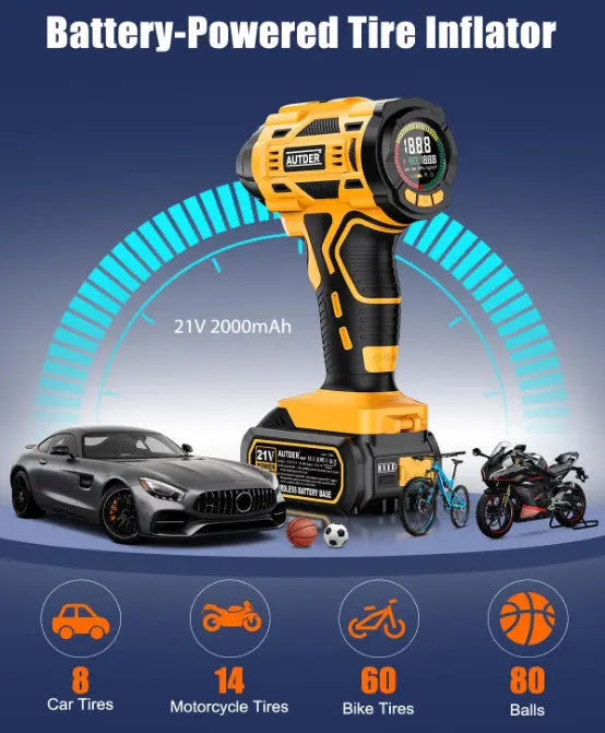 Portable Air Compressor, 21V Rechargeable Battery Powered 180PSI Handheld Pump