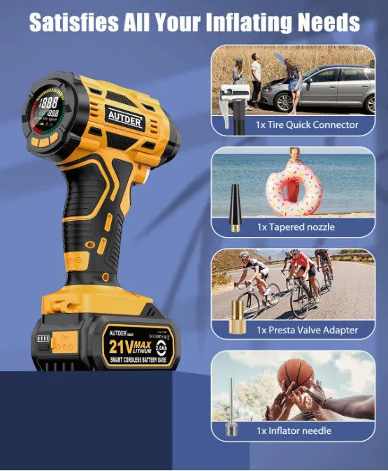 Portable Air Compressor, 21V Rechargeable Battery Powered 180PSI Handheld Pump